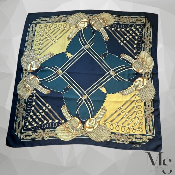 BASLER Tricolor Royal Uniform Print Scarf Silk SQR 34.5" Ex COND - Picture 1 of 8